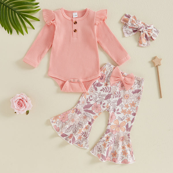 Baby Girl Long Sleeve Romper + Flower Flared Pants