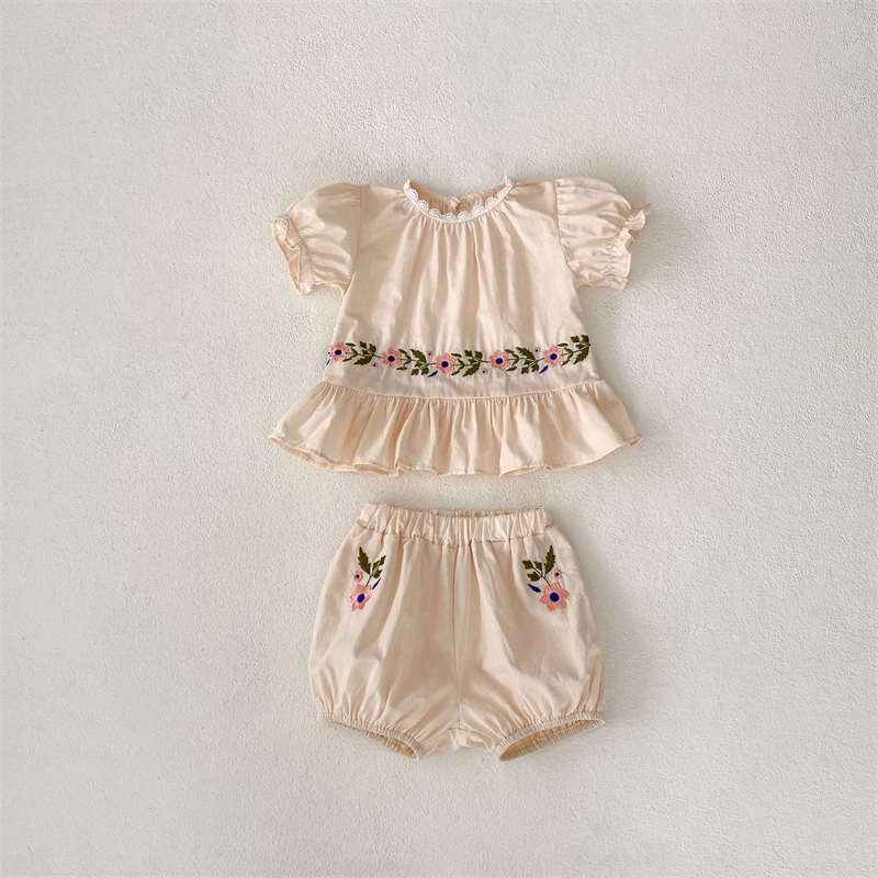 Round Neck Embroidered Shirt and Shorts Suit