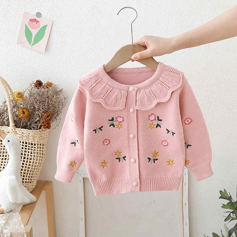 Ruffle Collar Floral Embroidered Knitted Sweater