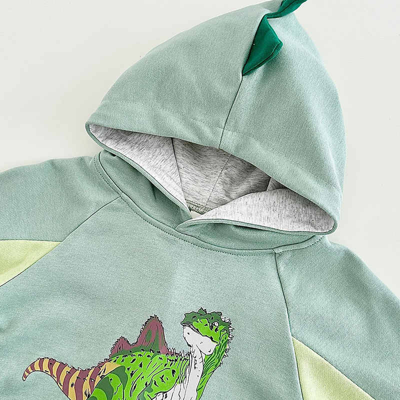 Boys and Girls Little Dinosaur Hooded Long-sleeved Two-piece Suit