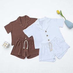 Children's Solid Color Cotton and Linen Shirt Set