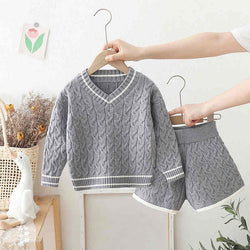 Girls V-neck Cable Sweater Two-piece Set