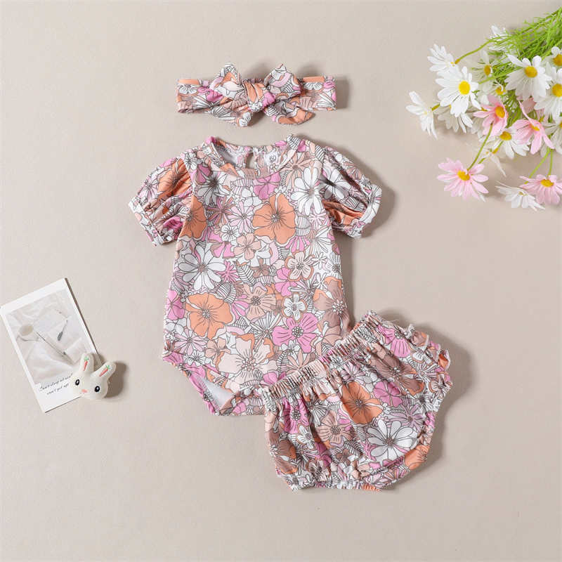 Floral Jumpsuit Shorts Headband Suit