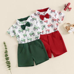 Children's Tractor Print Short-sleeved Shirt and Shorts Set