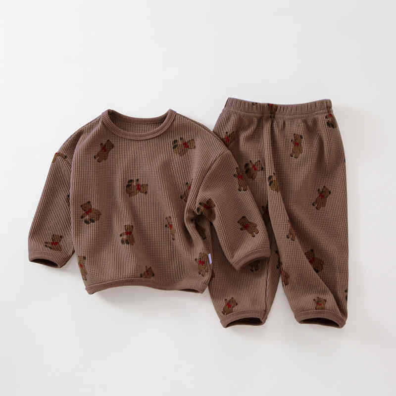 Bear Print Waffle Crew Neck Two-piece Set