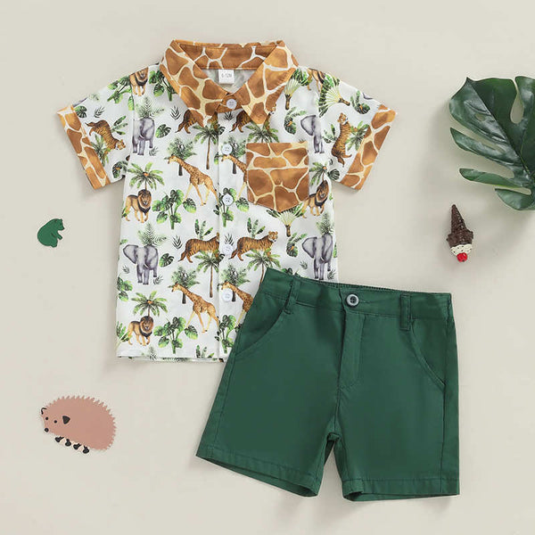 Giraffe and Lion Print Shorts and Short-sleeved Shirt