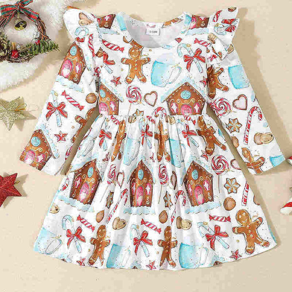 Children's Printed Flying Sleeves Long-sleeved Dress