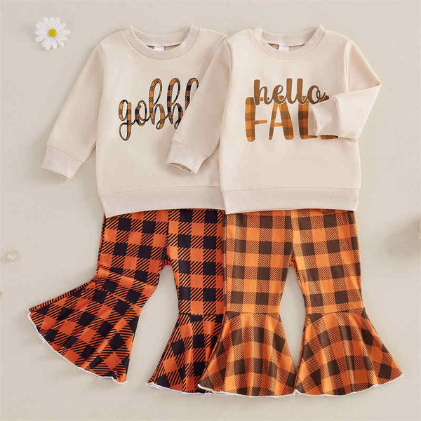 Apricot Top + Plaid Flared Pants Two-piece Set