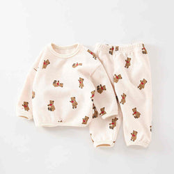 Bear Print Waffle Crew Neck Two-piece Set