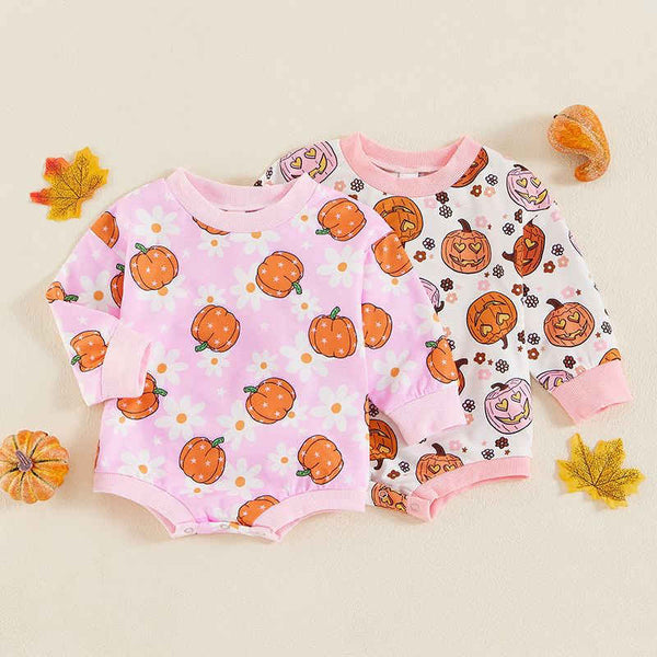 Baby Girl Pumpkin Print Long Sleeve Romper