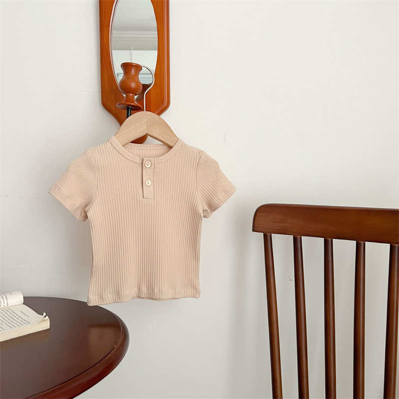 Solid Color Button Round Neck Short Sleeves