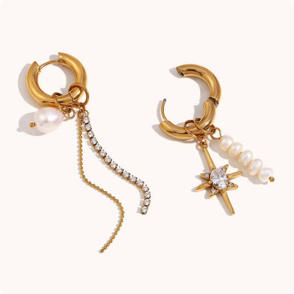 Pearl Zircon Eight-pointed Star Chain Earrings