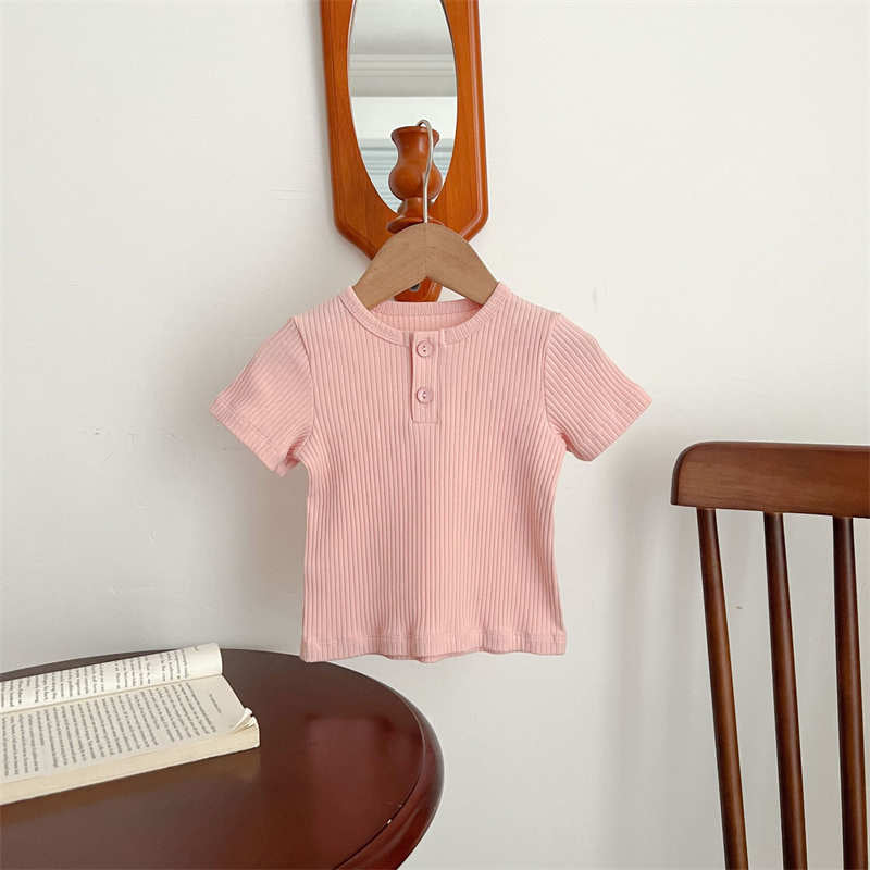 Solid Color Button Round Neck Short Sleeves