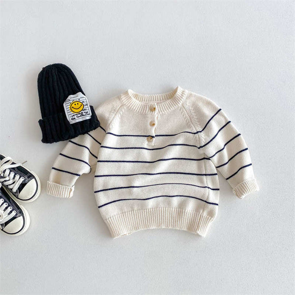 Children's Striped Crew Neck Button Sweater