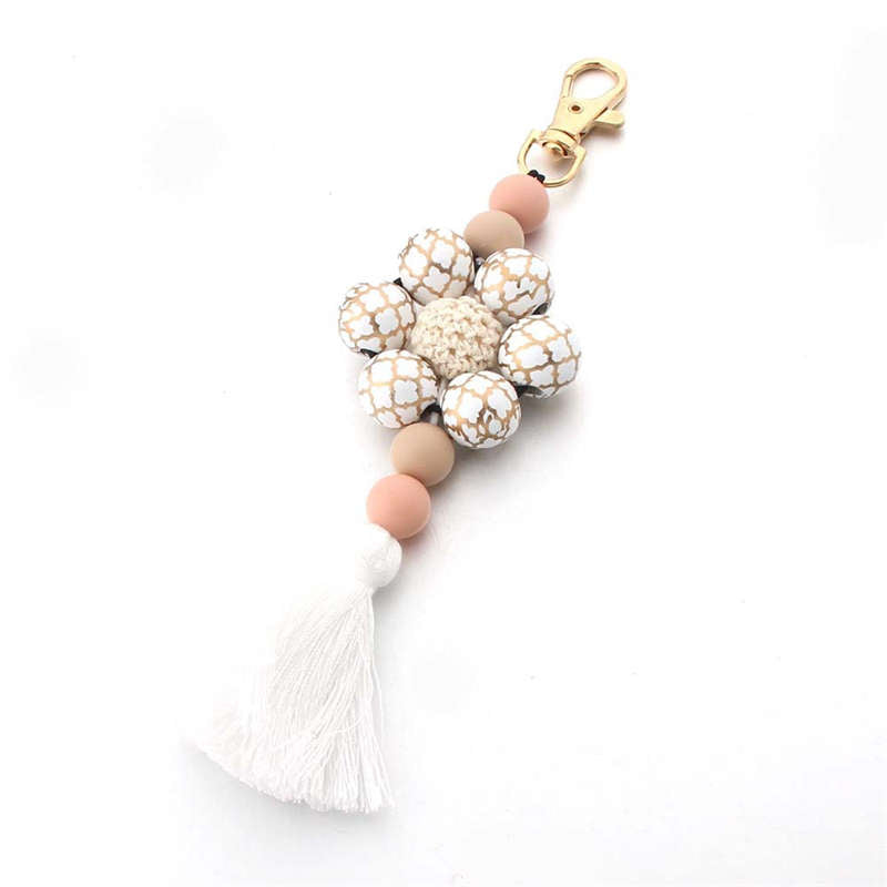 Flower Wooden Bead Tassel Keychain