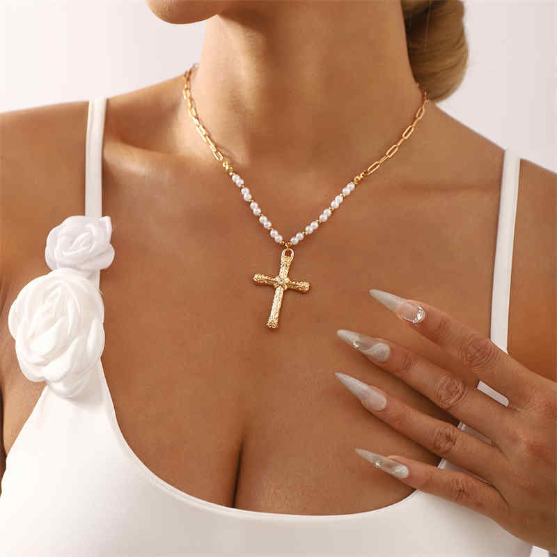 Cross Pearl Splice Folding Collarbone Chain