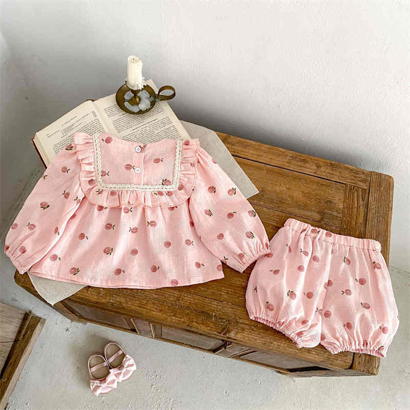 Pink Peach Print Long-sleeved Top Two-piece Set