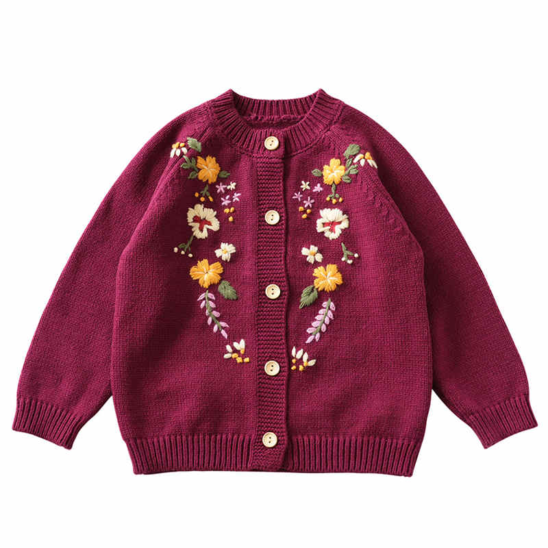 Wine Red Embroidered Children Knitted Sweater