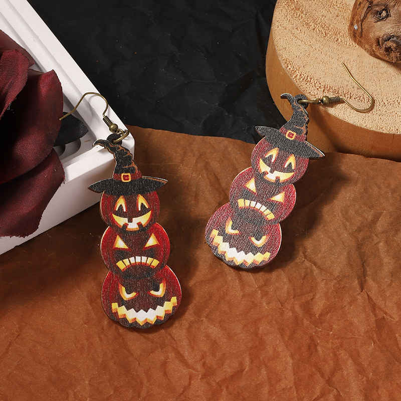 Wooden Printed Skull Halloween Earrings