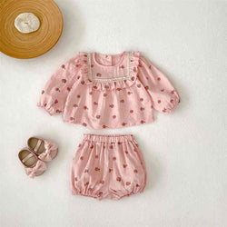 Pink Peach Print Long-sleeved Top Two-piece Set