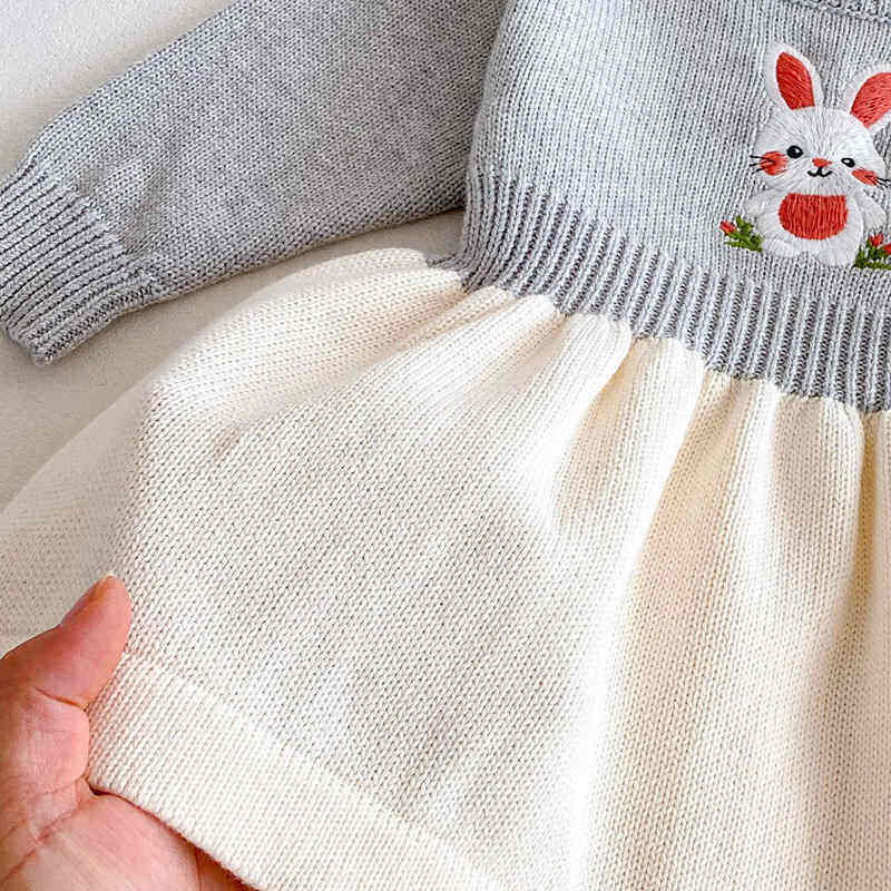 Knitted Sweater Rabbit Embroidery Baby Dress