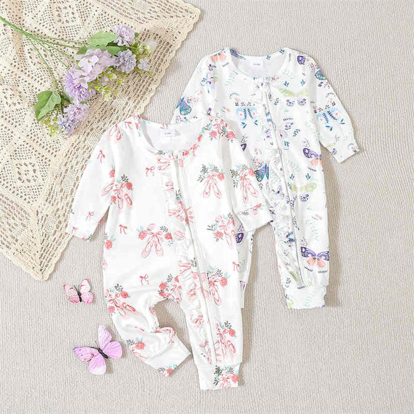 Zippered Baby Flower Print Long Sleeve Romper