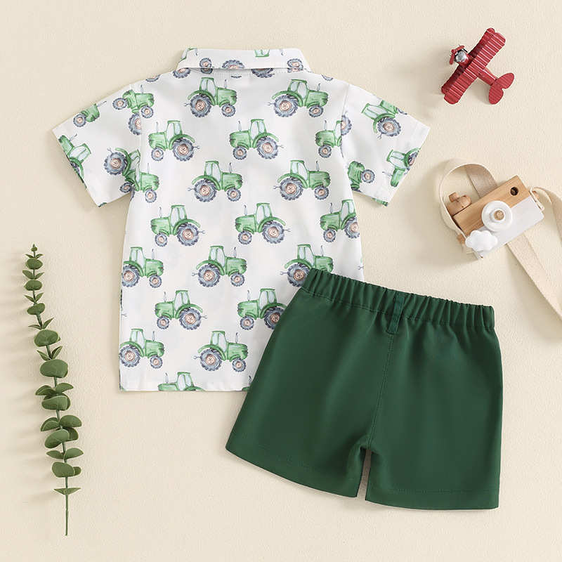 Children's Tractor Print Short-sleeved Shirt and Shorts Set