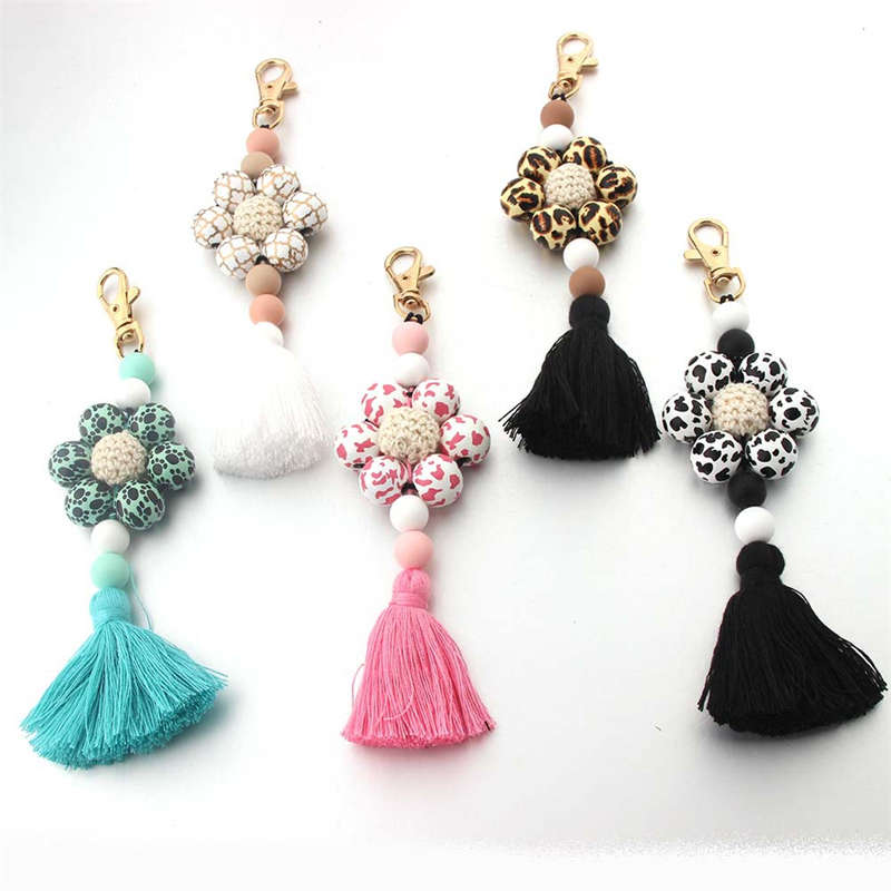 Flower Wooden Bead Tassel Keychain