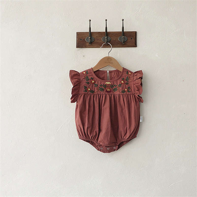 Brown-red Embroidered Romper for Baby