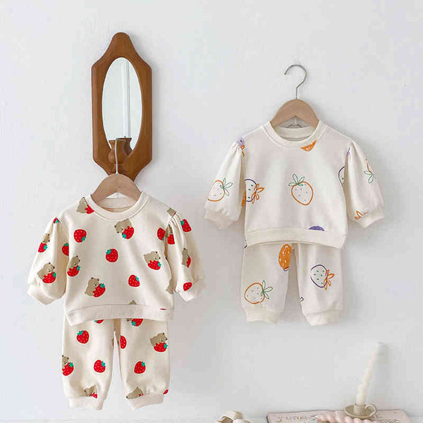 Strawberry Bear Print Long Sleeve Girls Two-piece Suit