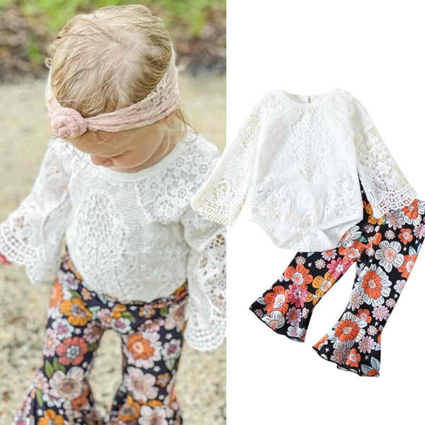 Lace Long Sleeve Floral Flared Pants Suit