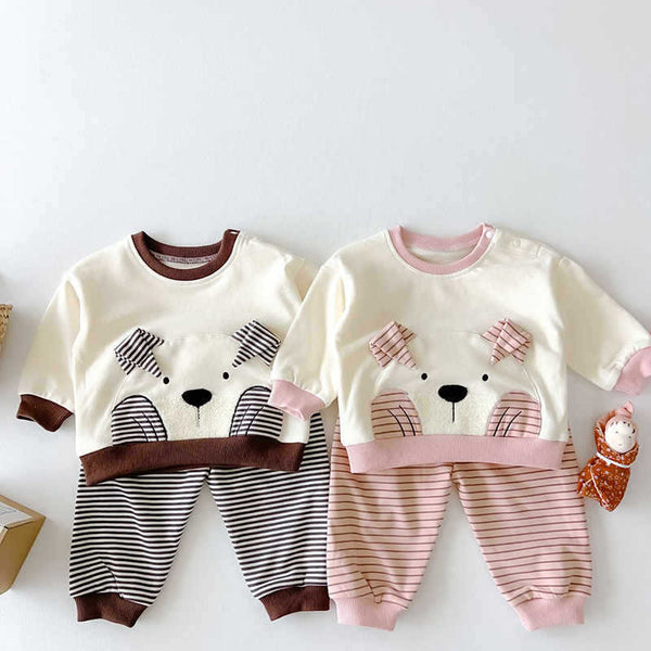 Bear Cartoon Round Neck Striped Two-piece Suit