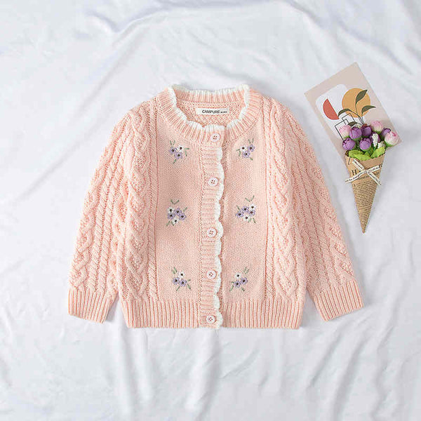 Girls' Knitted Sweater with Embroidered Flowers