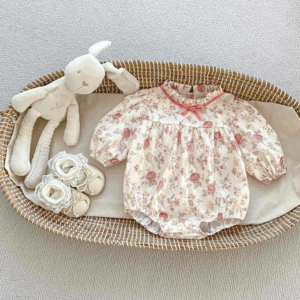 Girls' Small Floral Bowknot Stand Collar Bodysuit