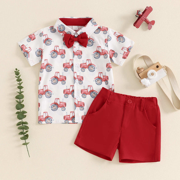 Children's Tractor Print Short-sleeved Shirt and Shorts Set