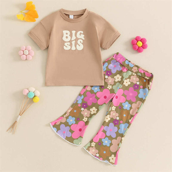 Girls Letter Flower Micro-flare Pants Two-piece Set