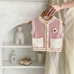 Pink Baby Pocket Flower Knit Vest Sweater