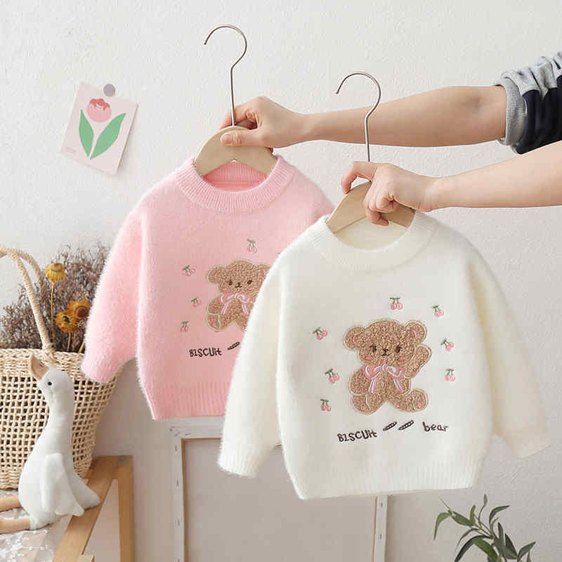 Bear Embroidered Furry Knitted Sweater