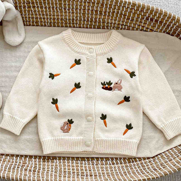 Embroidered Carrot and Rabbit Girls Sweater