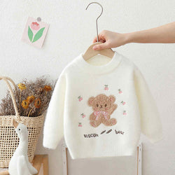 Bear Embroidered Furry Knitted Sweater