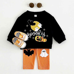 Halloween Toddler Pumpkin Ghost Long Sleeve Two-Piece Suit