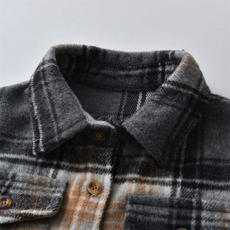 Plaid Brushed Shirt Thickened Grey Long Sleeve Top