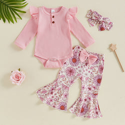 Baby Girl Long Sleeve Romper + Flower Flared Pants