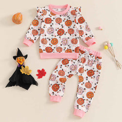 Long-sleeved Pumpkin Print Halloween Two-piece Set