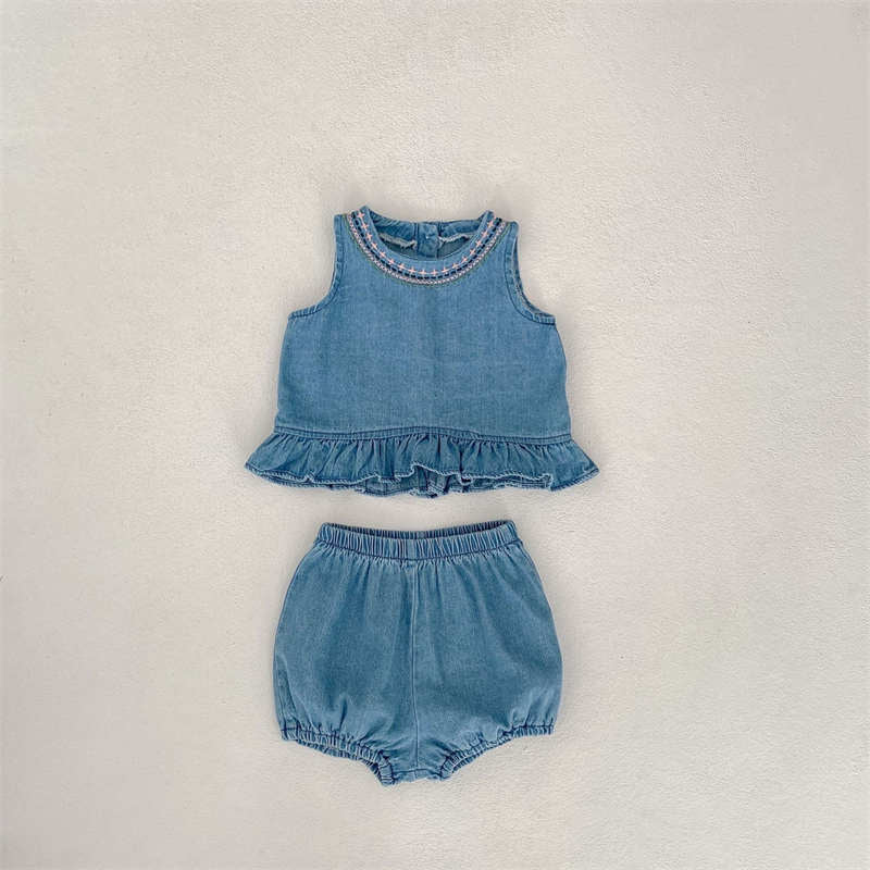 Embroidered Baby Girl Denim Suit