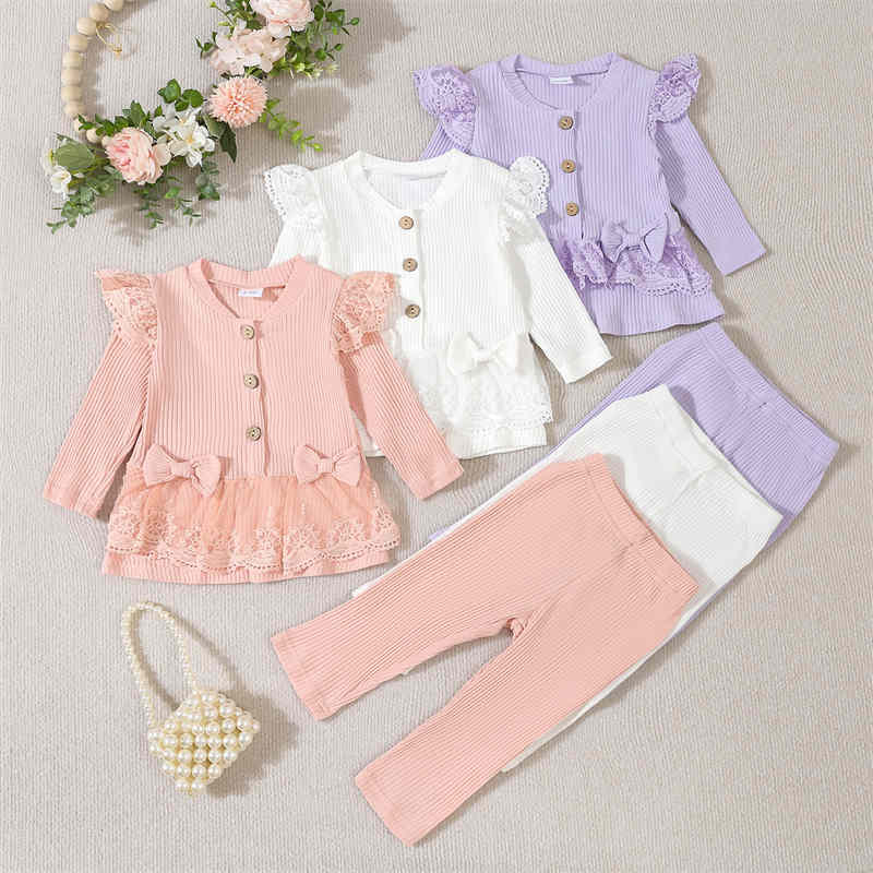 Solid Color Lace Bow Long Sleeve Trousers