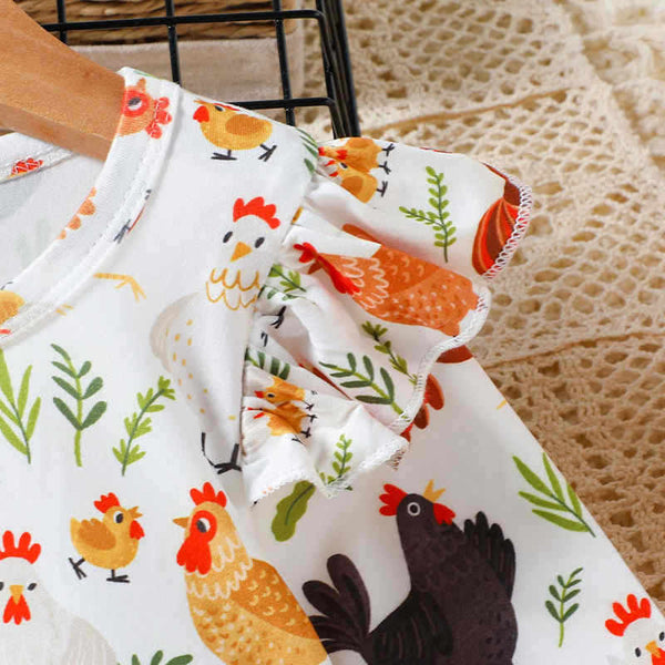 Girls Rooster Print Fly Sleeve Dress