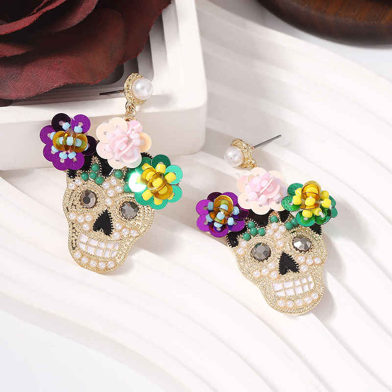 Sequin Flower Skull Halloween Earrings