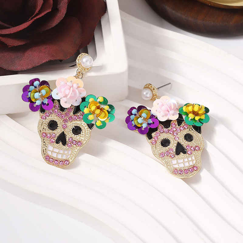 Sequin Flower Skull Halloween Earrings