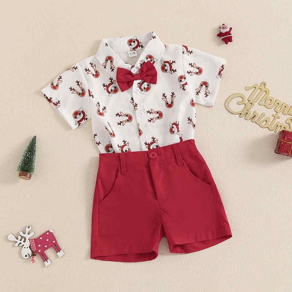 Deer Print Bow Tie Shirt Two-Piece Set